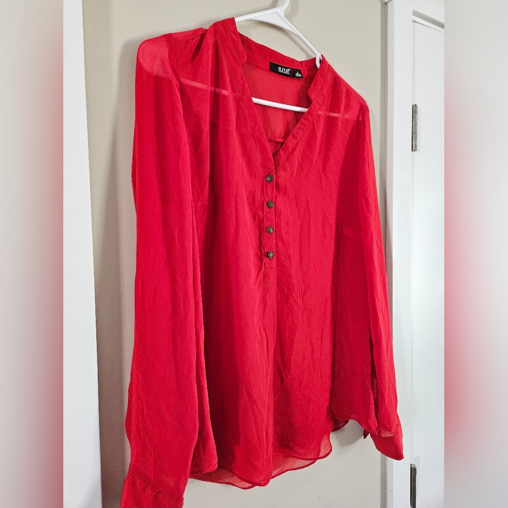 Blouse a.n.a Ana red button thin silk like office work long sleeve dressy small